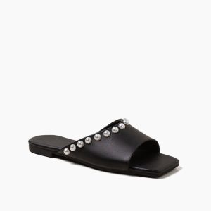 Pearl Embellished Square Toe Flat Slide Sandals