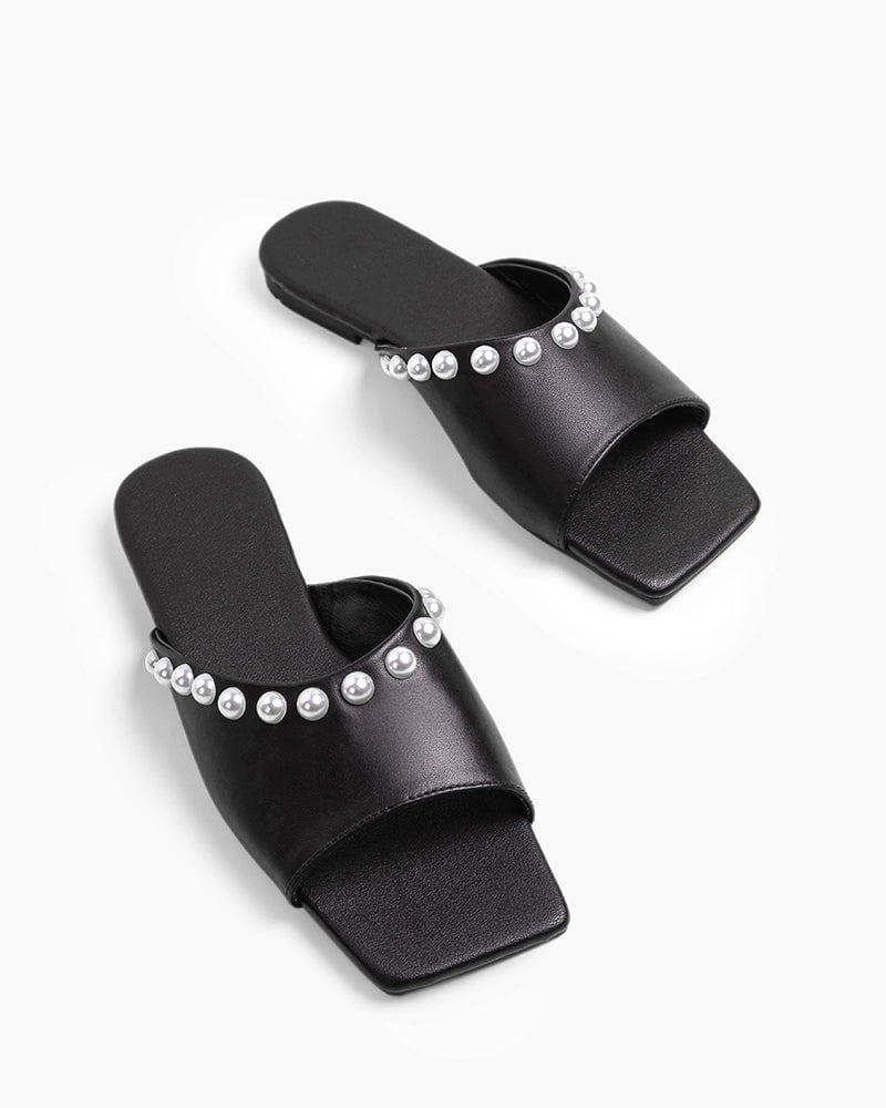 Pearl Embellished Square Toe Flat Slide Sandals - Image 2