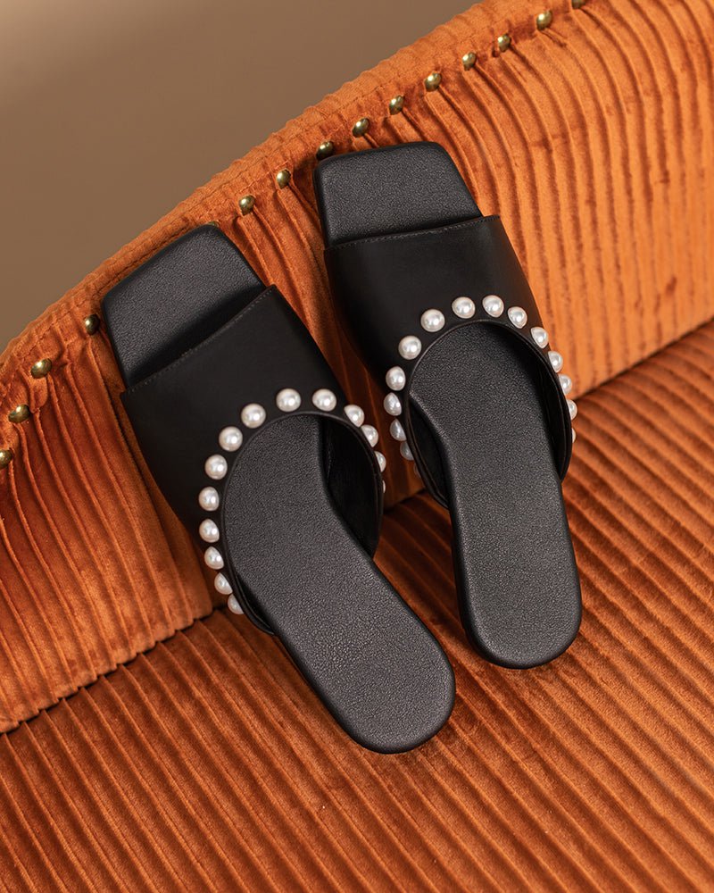 Pearl Embellished Square Toe Flat Slide Sandals - Image 4
