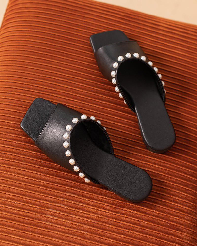 Pearl Embellished Square Toe Flat Slide Sandals - Image 5