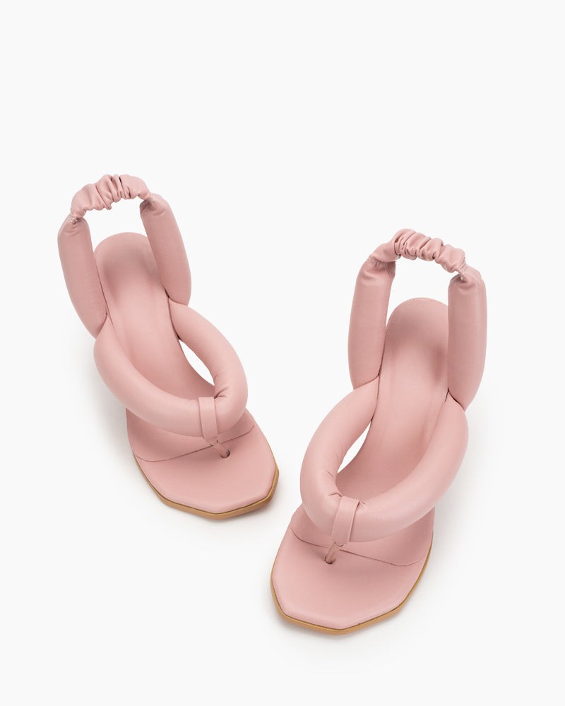 Love Design Chunky Block High Heel Elastic Strap Thong Sandals - Image 3